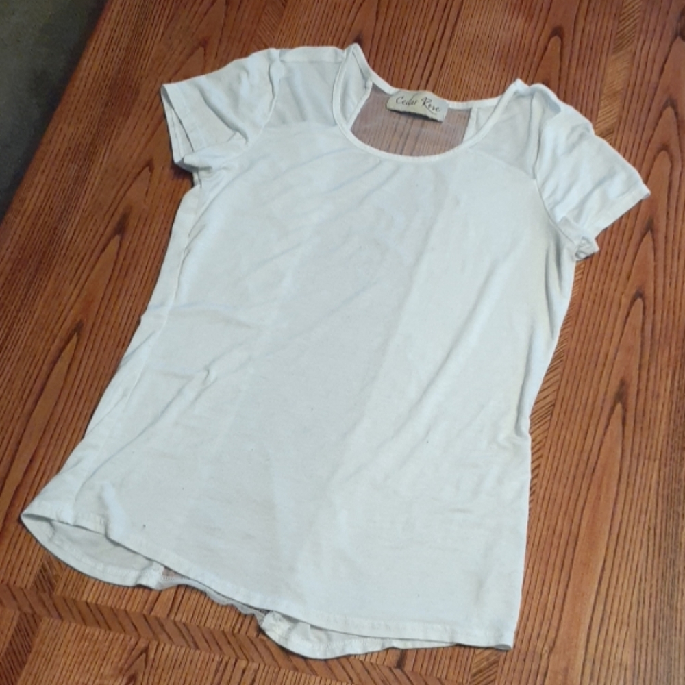 Womens White T Shirt W/ Mesh Insert Down Back